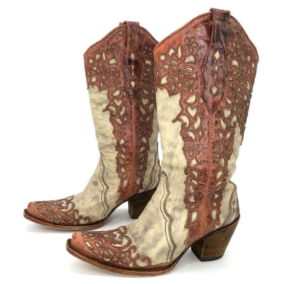 Corral Boots Shoes - Corral A2665 Cognac Leather Lace Look Overlay Cowgirl Western Boots Snip Toe 7M